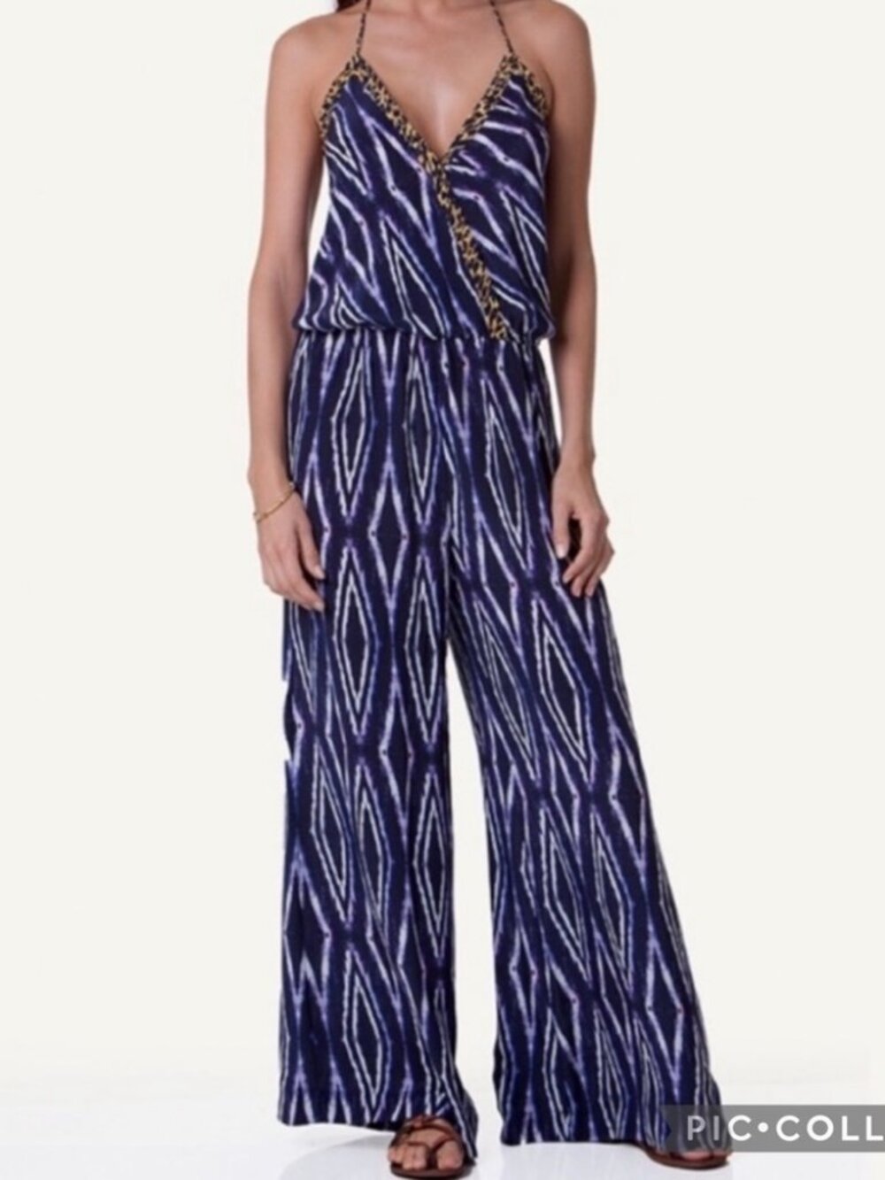 ViX Paula Hermanny Lena Jumpsuit‎ Womens Small Blue Silk Ikat Halter Wide Leg